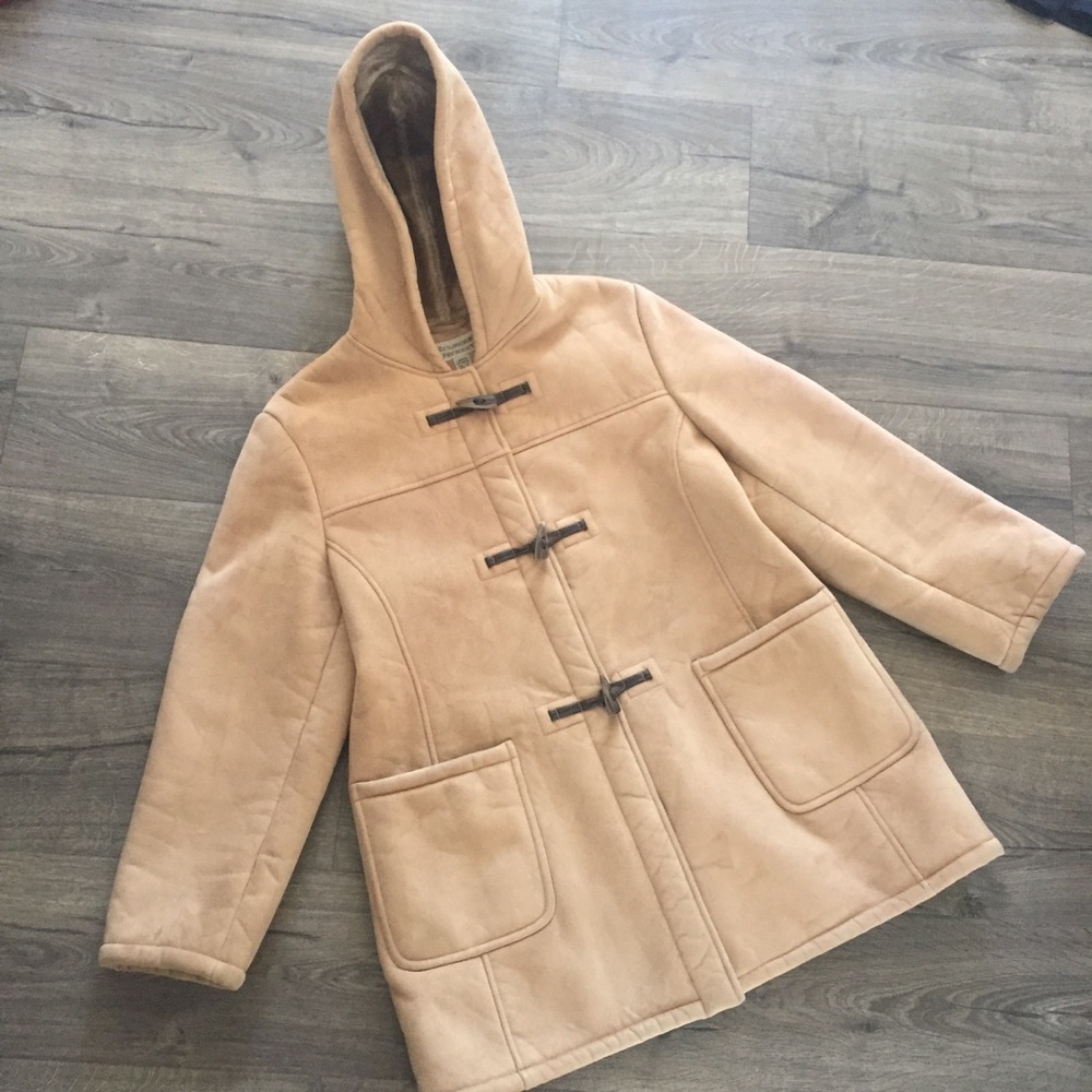 Faux suede light brown jacket with hood. Size L